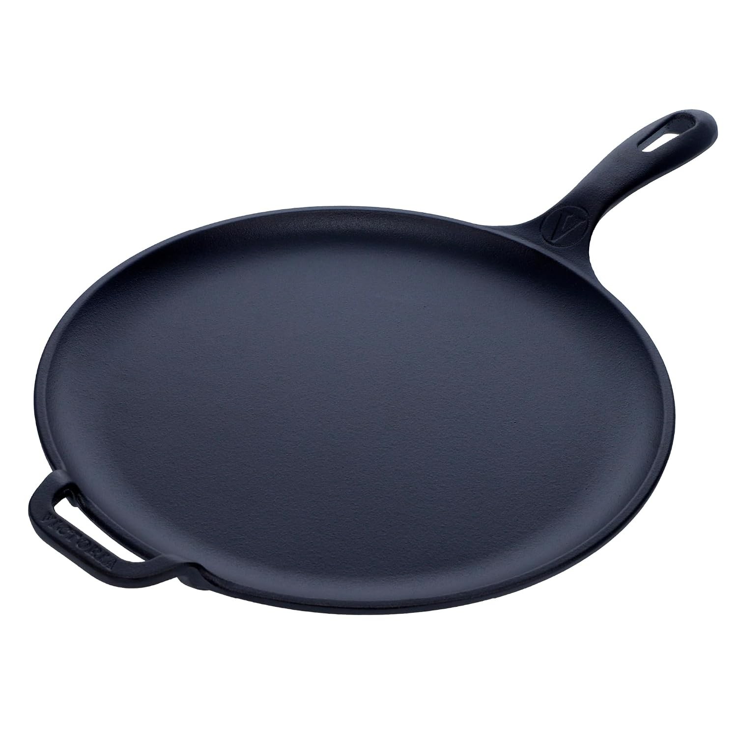 Victoria 12-Inch Cast Iron Comal Pizza Pan with a Long Handle and a Loop Handle