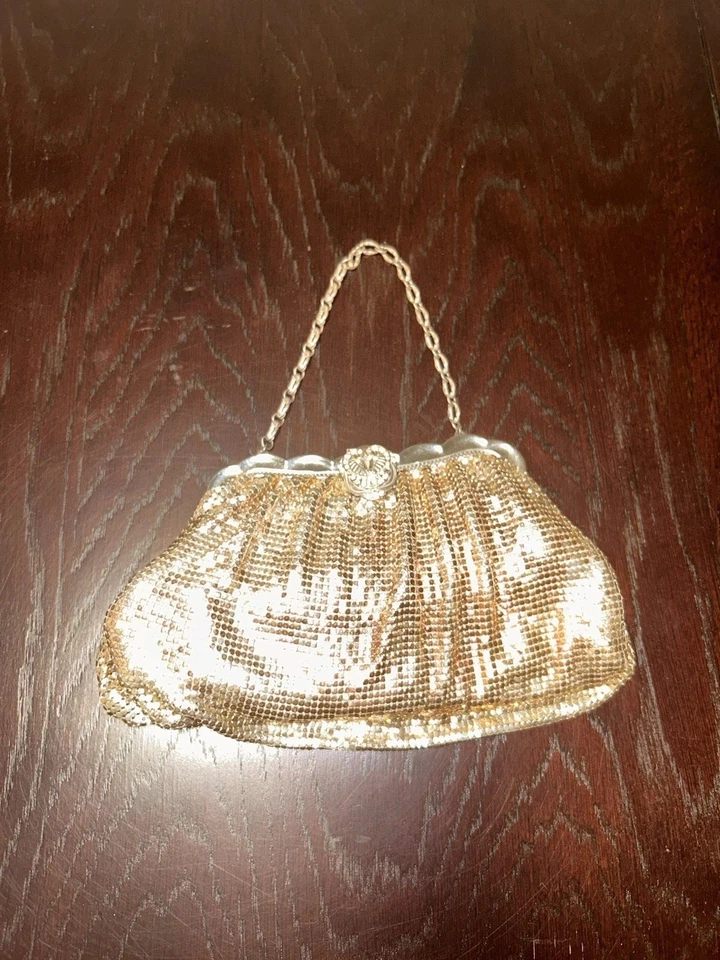 Whiting & Davis Gold Chainmail Mesh Crystal Evening Bag Mid Century Sm Purse Vtg - Image 2 of 4