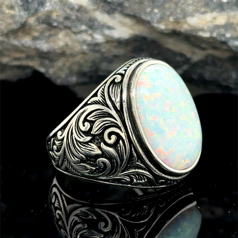 Anillo de plata ópalo blanco ópalo de fuego anillo de plata para hombre Foto 3 de 4