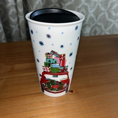 Tag Ceramic Travel Mug With Lid. Christmas Car With Presents. Wreath. Snowflakes