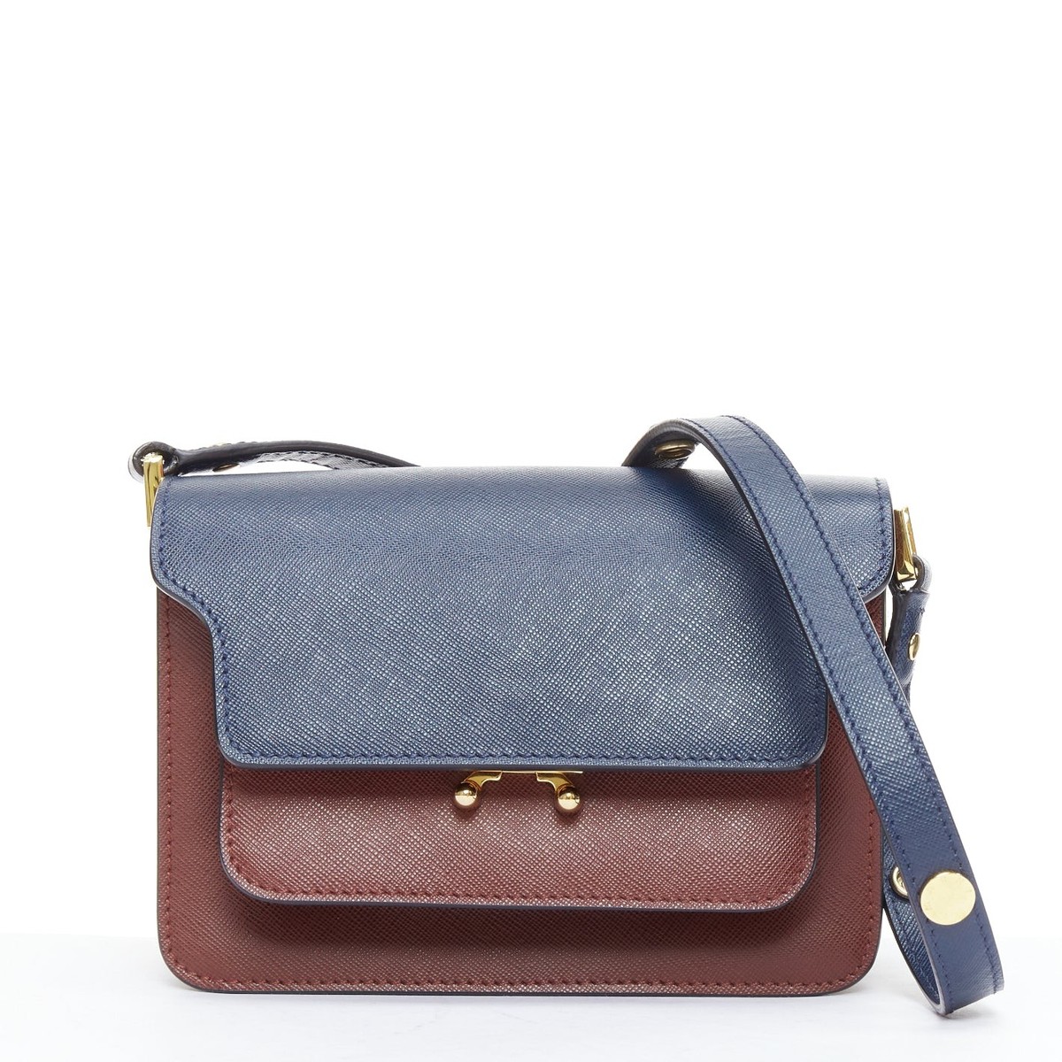 MARNI ハンドバック　ネイビーブラウン MARNI Trunk navy burgundy textured leather clasp crossbody bag | eBay