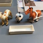 VINTAGE FISHER PRICE LOT (5) HORSE, HARNESS, COW ,SHEEP, TROUGH