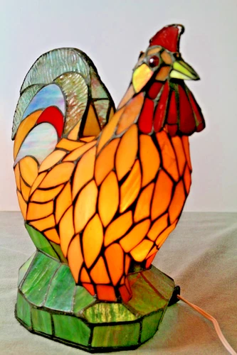 Vintage Stained Glass Tiffany Style Chicken Rooster Table Lamp Night Light