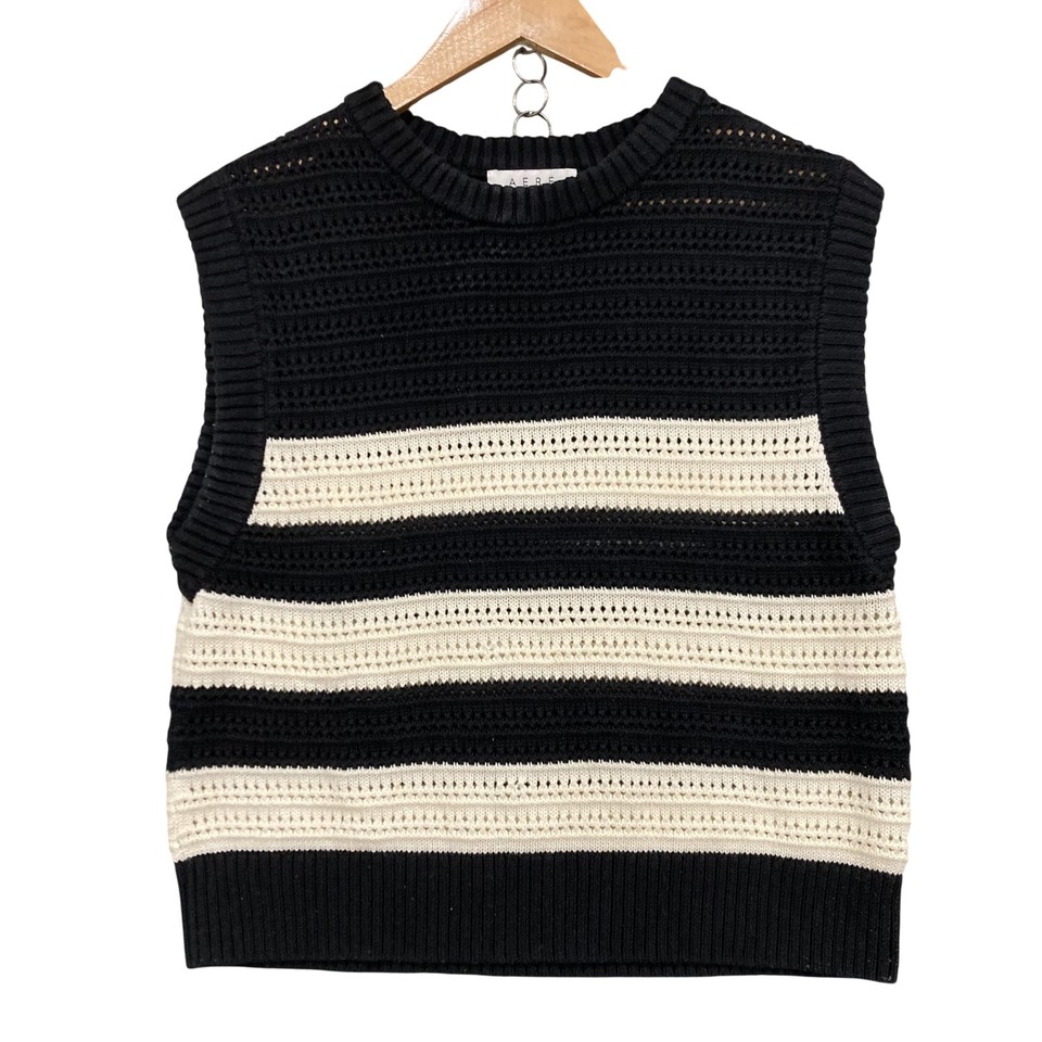 AERE Vest Womens 10 Black Stripe Open Knit Crochet Sleeveless Lightweight Jumper