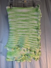 VTG Crochet Handmade Baby Lap Blanket Green White Striped Ruffled Edge 42" 25"