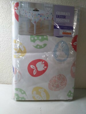 Celebrate Easter Together Vinyl Tablecloth Oblong 60'' X 102'' New  White w/Eggs