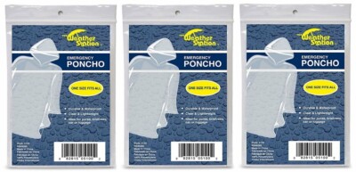3 Pack- Weather Station Emergency Poncho Clear Lightweight
