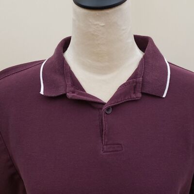 Primark Men's Maroon Short Sleeve Polo Shirt with White Rim Accents, Size Large