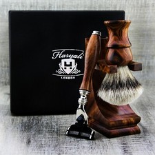 3 Piece Wooden Shaving set synthetic Brush Three Edge Razor and Shave Wood Stand