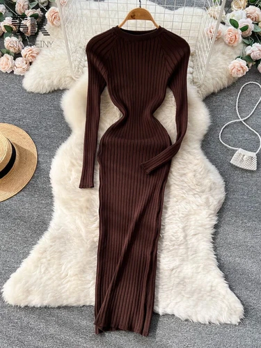 Mujeres Invierno Tejido Vestido Cuello en O Manga Larga Ajustado Sólido Suéter Vestidos Largos - Imagen 6 de 29