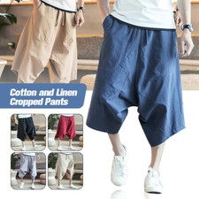 Men's Harem Pants Cotton Linen Cosy Trousers Wide Leg Hippy Loose Capri Pants
