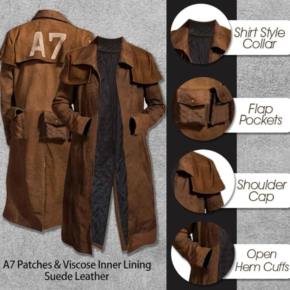 A7 Vegas Fallout NCR Veteran Ranger Armor Duster Suede Leather Trench Coat - Image 4 of 4