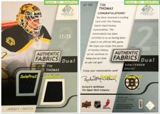 UD SPGU SP GAME USED 2008 TIM THOMAS BOSTON BRUINS SCARCE GAME JERSEY PATCH /25