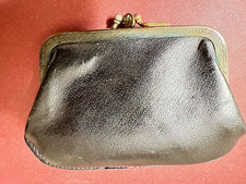 Rare Vintage Black Leather 2 Pocket Kiss Lock Coin Purse With Brown Suade Liner