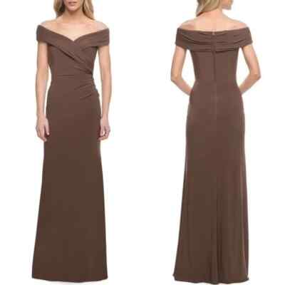 La Femme Cocoa Brown Off-the-Shoulder Ruched Jersey Column Gown Size 16 $338