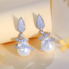 Silver Plated Cubic Zirconia Pearl Dangle Drop Earrings for Women Wedding Brides