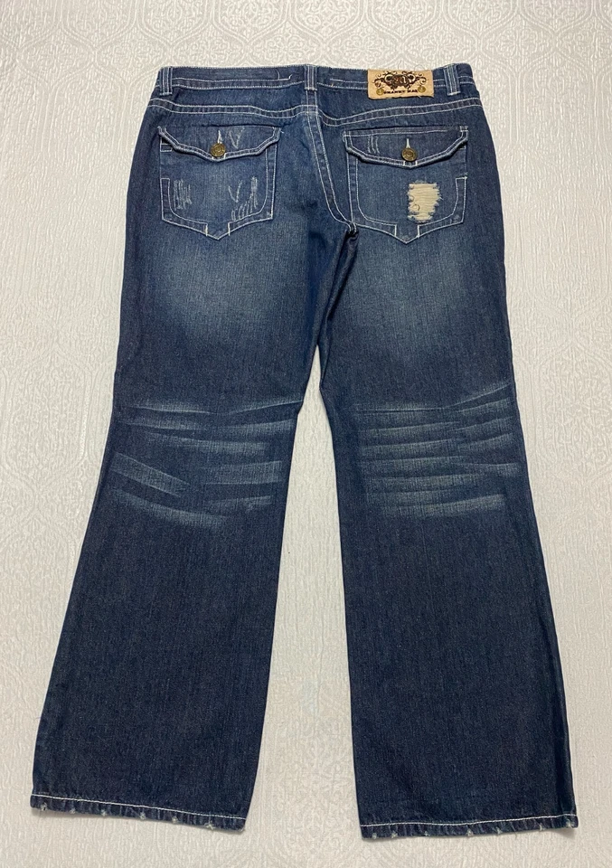 Pantalones de mezclilla Franky Max Bootcut para hombre talla 40x32 azul desgastado bolsillos con solapa bigotes Foto 2 de 4