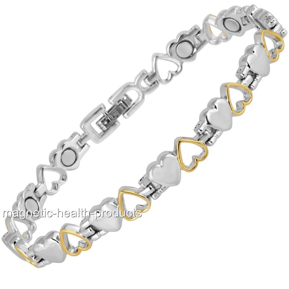 MAGNETIC HEALTH LADIES MAGNETIC HEALING BRACELET SILVER GOLD HEARTS BANGLE ARTHRITIS PAIN RELIEF
