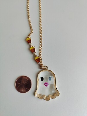 Betsey Johnson Ghost, Candy Corn Necklace Gold Tone Crystal Halloween- NEW