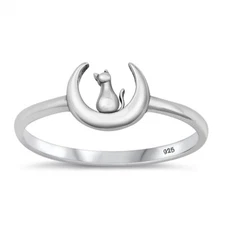 925 Sterling Silver Cat on Moon Ring Nature Fashion Band 7.9mm Size 4-10