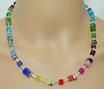 Halskette Würfel Cat Eye Kristallglas Strass bunt mehrfarbig multicolor 500q