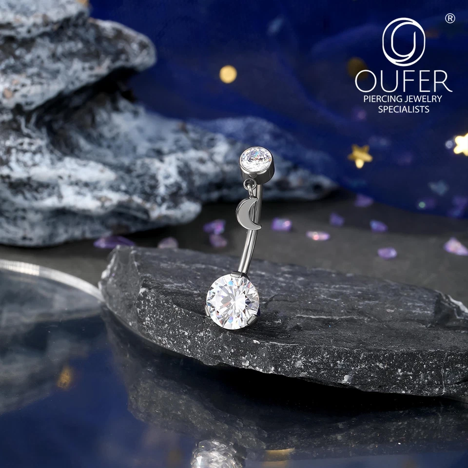 Belly Button Ring Dangle 14G Titanium CZ Curved Barbell Navel Piercing Jewelry - Image 2 of 4