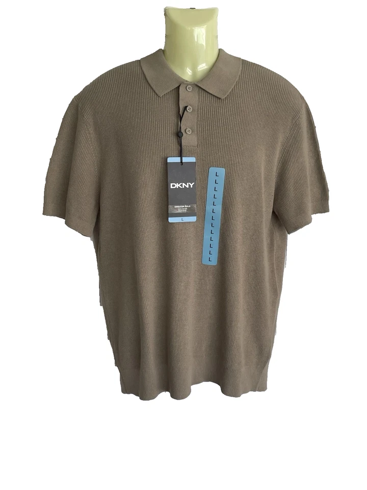 NUEVO CON ETIQUETAS DKNY Hombres Crema Manga Corta Tejido Acanalado 3 Botones Tapeta Cuello Suéter Polo L Foto 3 de 4