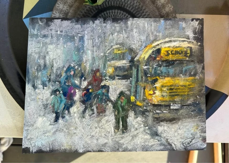 Arte de autobús escolar mañana de invierno, pintura original de nieve con niños, firmada por artista Foto 2 de 4