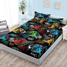 Child's Cartoon Racing Car Fitted Sheet for Boys' Racecar Bed Decor, Colorful...