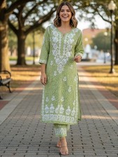 Green Mulmul Printed Chikankari Kurta Palazzo Set Handcrafted Indian Suit