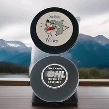 SUDBURY WOLVES OHL OFFICIAL HOCKEY PUCK VEGUM MFG. MADE IN SLOVAKIA 🇸🇰
