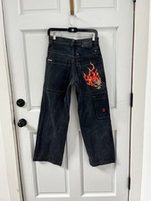 VTG Y2K Men JNCO Flaming Skull Wide-Leg Faded Black Unaltered Jeans 27