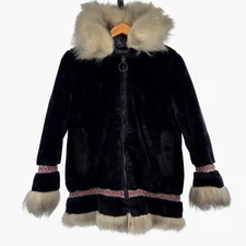 Vtg. Hansa Branta Stearns Womens Black Fur Hood Winter Parka Eskimo Goose Down M