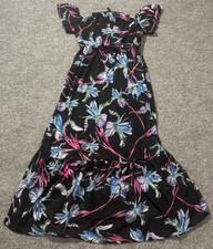 Japna Dress Womens Large Hawaiian Floral Orchid Halter Maxi Ruffle Black Blue
