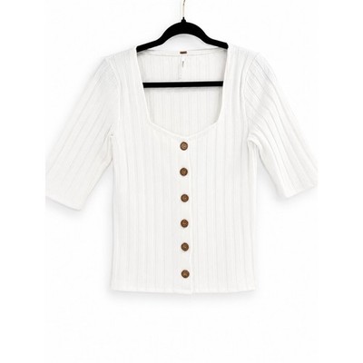 Free People Central Park Top Women L White Ribbed Button Front Boho Minimalist