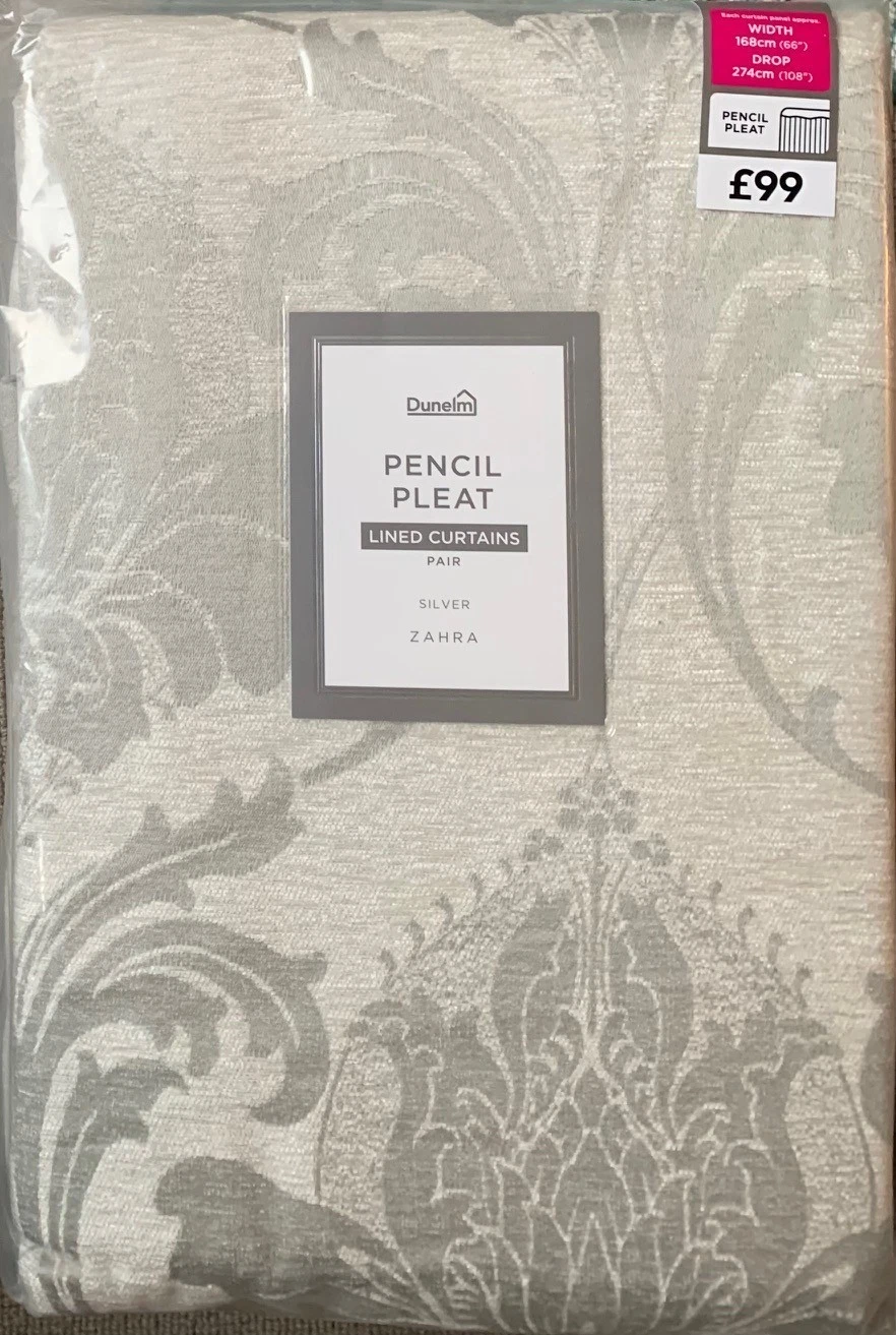 Dunelm Zahra Silver Chenille Extra Long Pencil Pleat Curtains 66"x 108",90"x108"