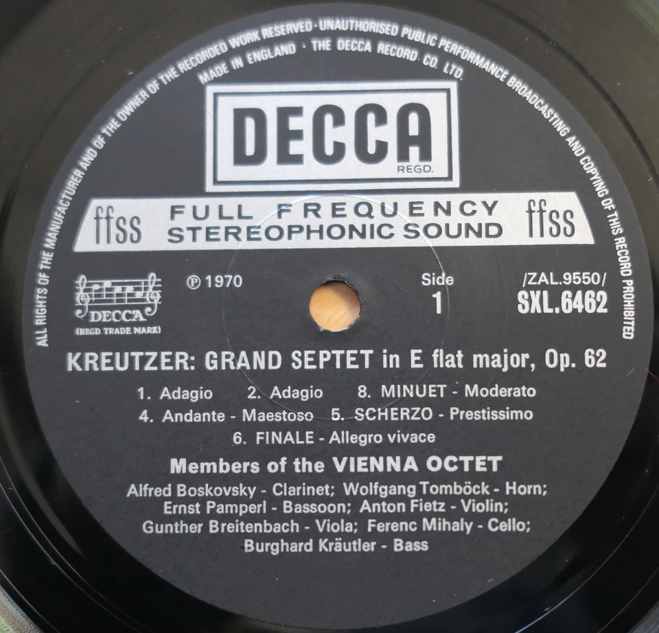 SXL 6462 Kreutzer Grand Septet Berwald Stor Septet Vienna Octet 1970 Decca NM - Image 2 of 4