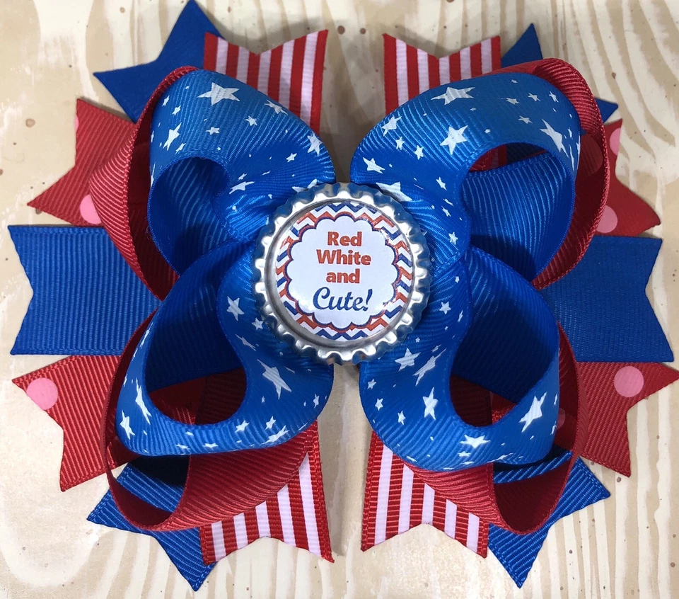 4th Of July Red White Star Large Boutique Double Layered Hair Bow - Image 2 of 3