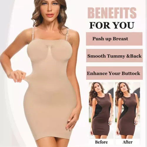 Women's Full Slip Dress Strapless Tummy Firm Control Body Shaper Slim Shapewear - Picture 6 of 33
