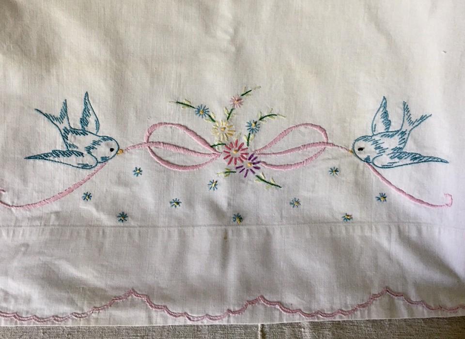 View of Antique Embroidered Floral Bird Cotton Fabric Pillow Case Cover ~ Pink ...