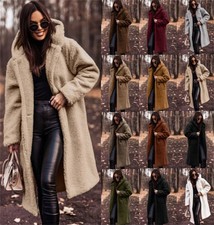 Women Fleece Long Sleeve Mid-Long Jackets Fuzzy Fluffy Winter Button Hooded Coat
