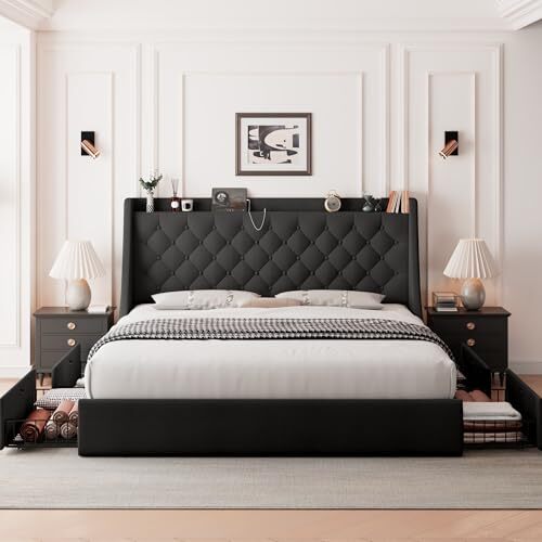 Upholstered Size Bed Frame with 4 Storage Drawers, Storage Bed Queen