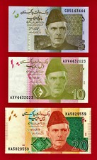 SET OF THREE PAKISTAN UNC NOTES - 5 Rupees 2008, 10 Rupees 2018 & 20 Rupees 2018