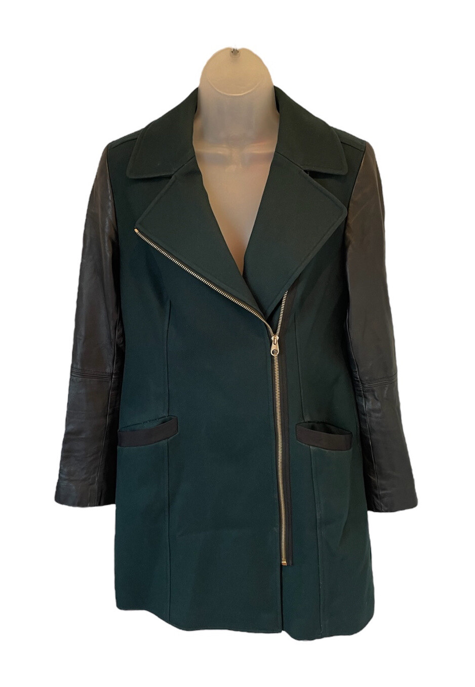 Ted Baker Alycia Verde Lana Contraste Cuero Mangas Motociclista Abrigo Chaque...