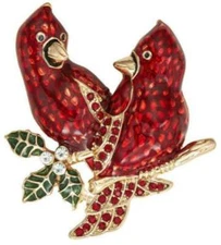 Napier Cardinals Duo Brooch Pin Xmas Gold Tone Winter Holiday Red Birds NEW Box