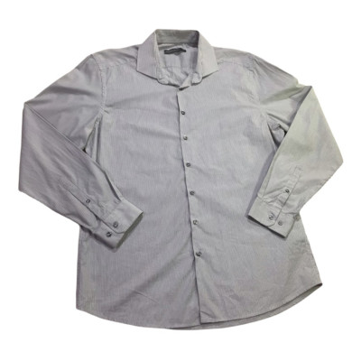 Angelo Litrico Mens Button Front Shirt Gray Striped Long Sleeve Slim Fit L 41-42