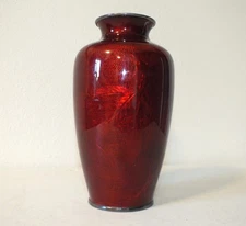 Yamamoto Cloisonne and Silver Japanese Red Pigeon Blood Vase Palm Tree Design