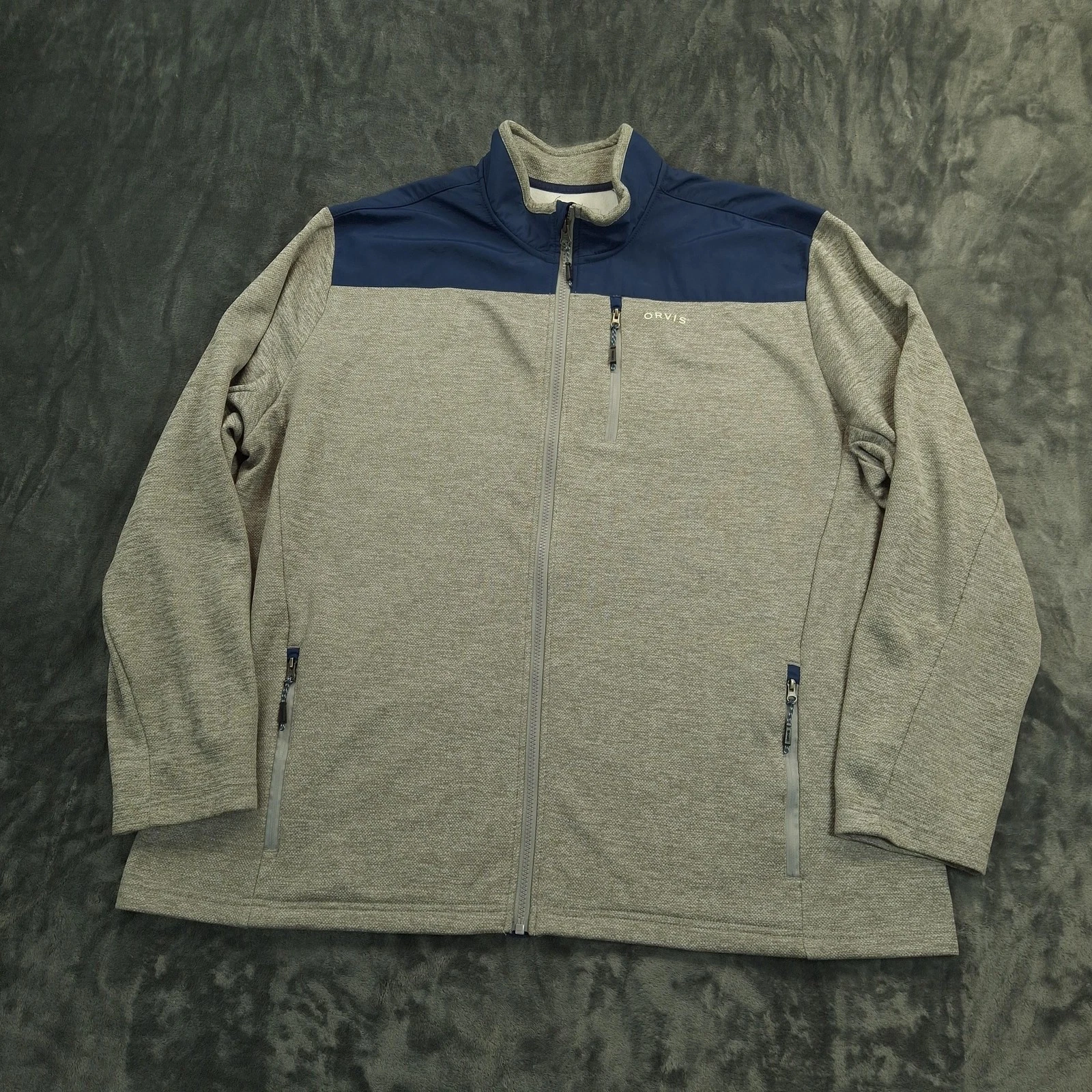 Orvis Fleece Jacket Mens XXL Gray Navy Full Zip Outdoor Casual Softshell Outdoor