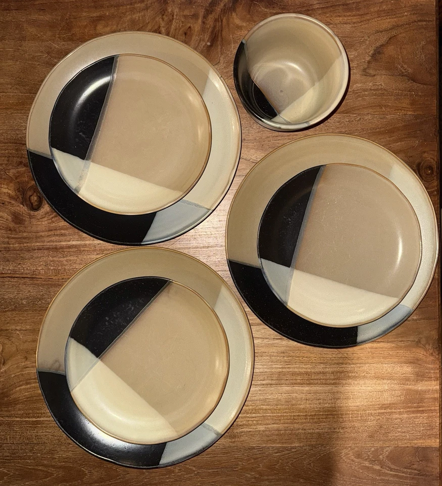 7pc Sango Gold Dust Black Dishes 5022 Set Glazed Stoneware Service For 3 EUC! - Image 4 of 4