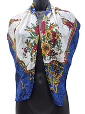 EGON VON FURSTENBERG Silk Scarf Blue Gold Floral Large 33/34" Made In Italy